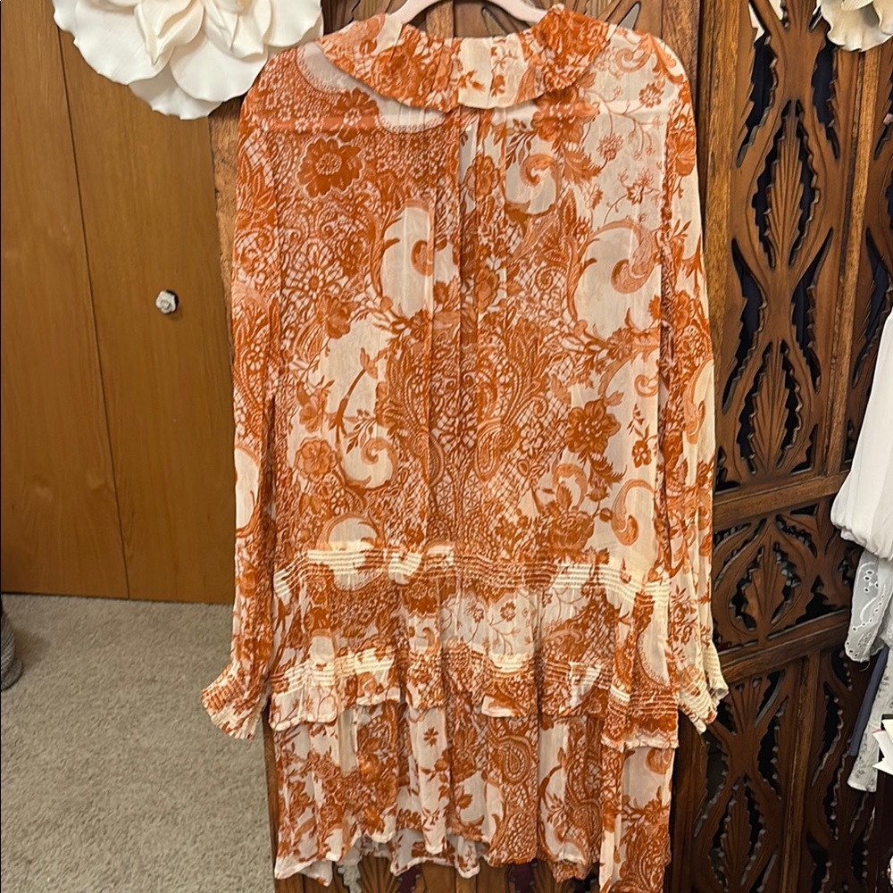 Anthropologie Burnt Orange and Cream Bohemian Tiered Long-Sleeve Dress - Picture 5 of 8